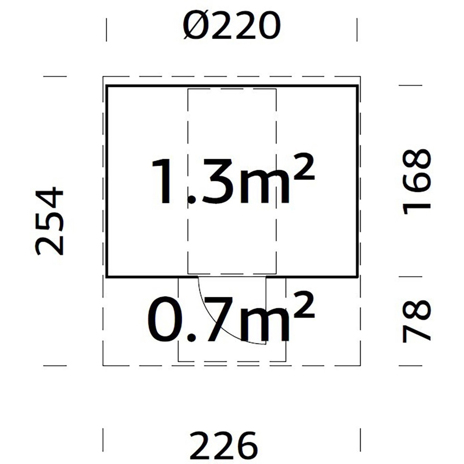 Grundriss Palmako Saunafass Anita 1,3 m² x 0,7 m² mit Maßangaben für Massivholzsauna.