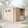 Holz-Gartenhaus GH Killarney mit Brennholzregal und abschließbarer Tür, naturbelassen.
