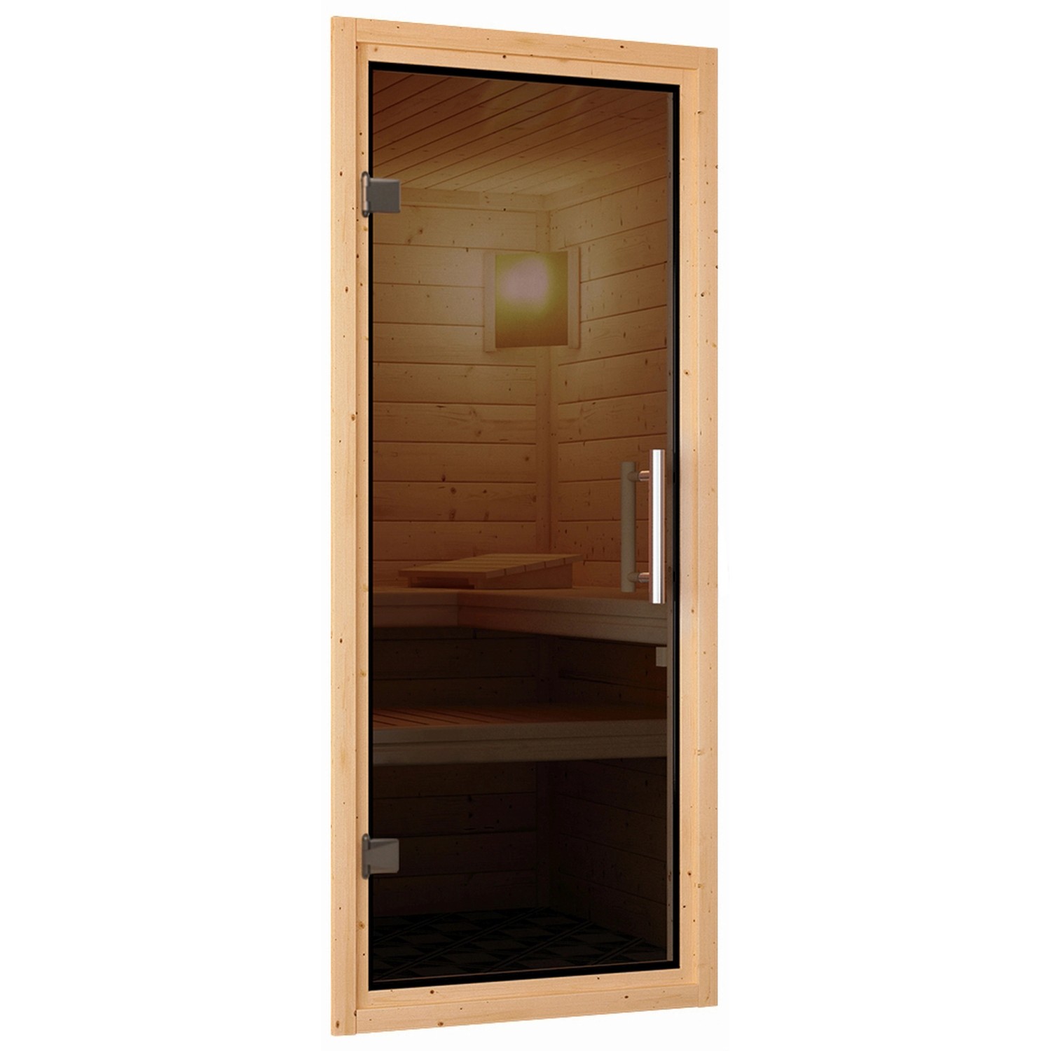Karibu Sauna mit Glastür und LED-Dachkranz, naturbelassen. Elementsauna mit Ofen und externer Steuerung.