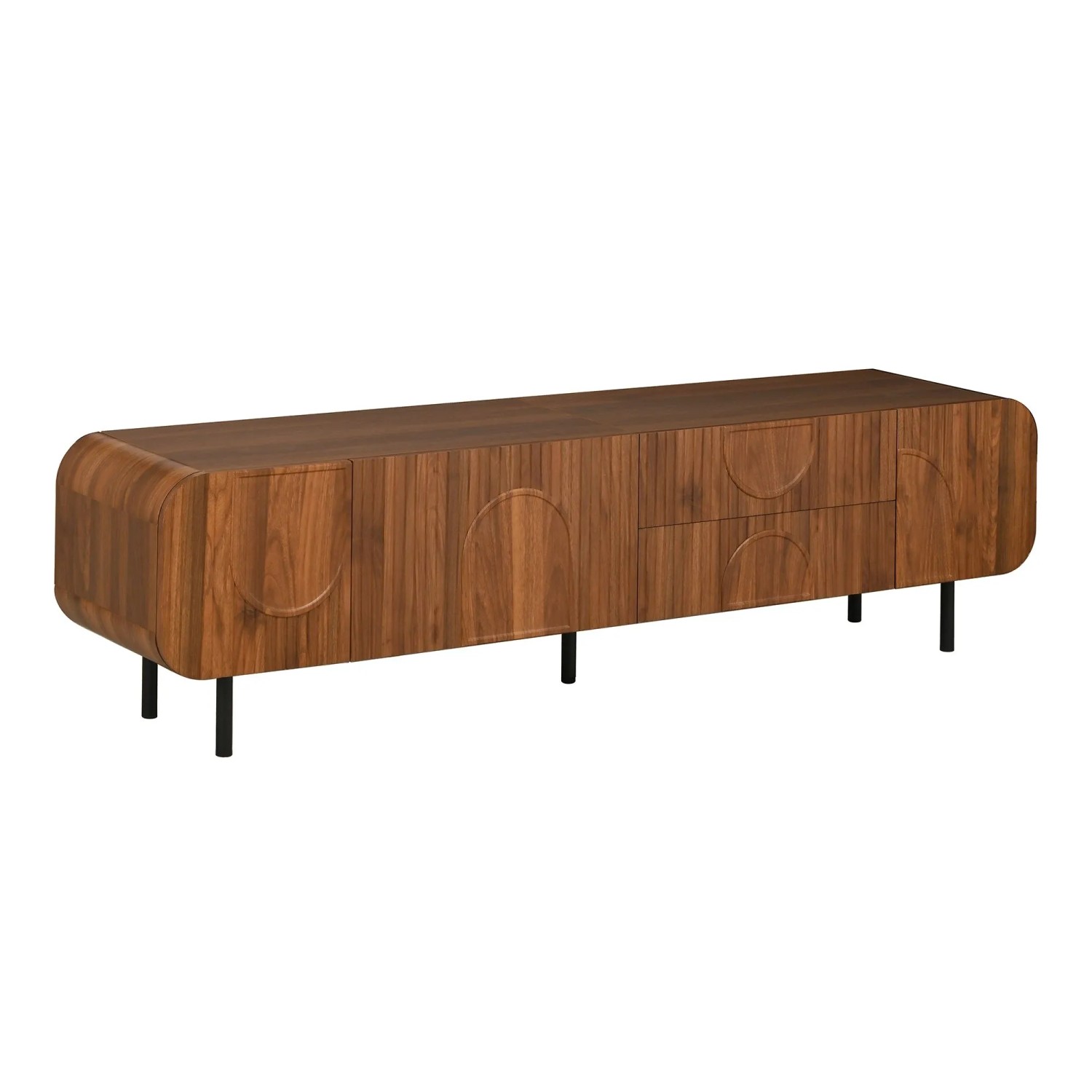 okwish TV Schrank 3 Türen 2 Schubladen Rillen Metallbeine Kabeldurchlass 180x40x47.5cm Natur