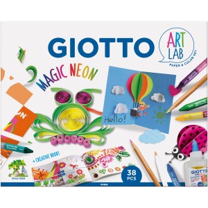 Giotto Bastelset Magic Neon mit Papier, Farben und Zubehör für kreative Quilling-Kunst.