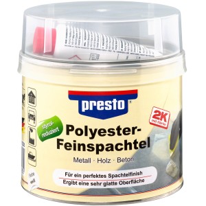 Presto Polyester-Feinspachtel 1kg Dose mit Härter für Lackreparatur und Karosseriearbeiten.