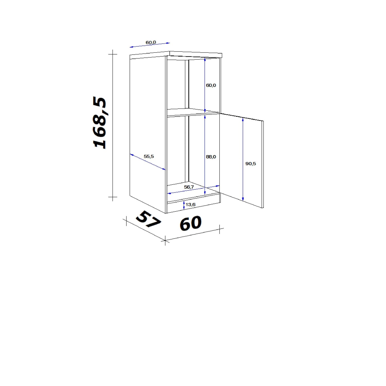 Flex-Well Exclusiv Demi-Geräteschrank Lund, 60 cm, Lichtgrau glänzend, Maße.