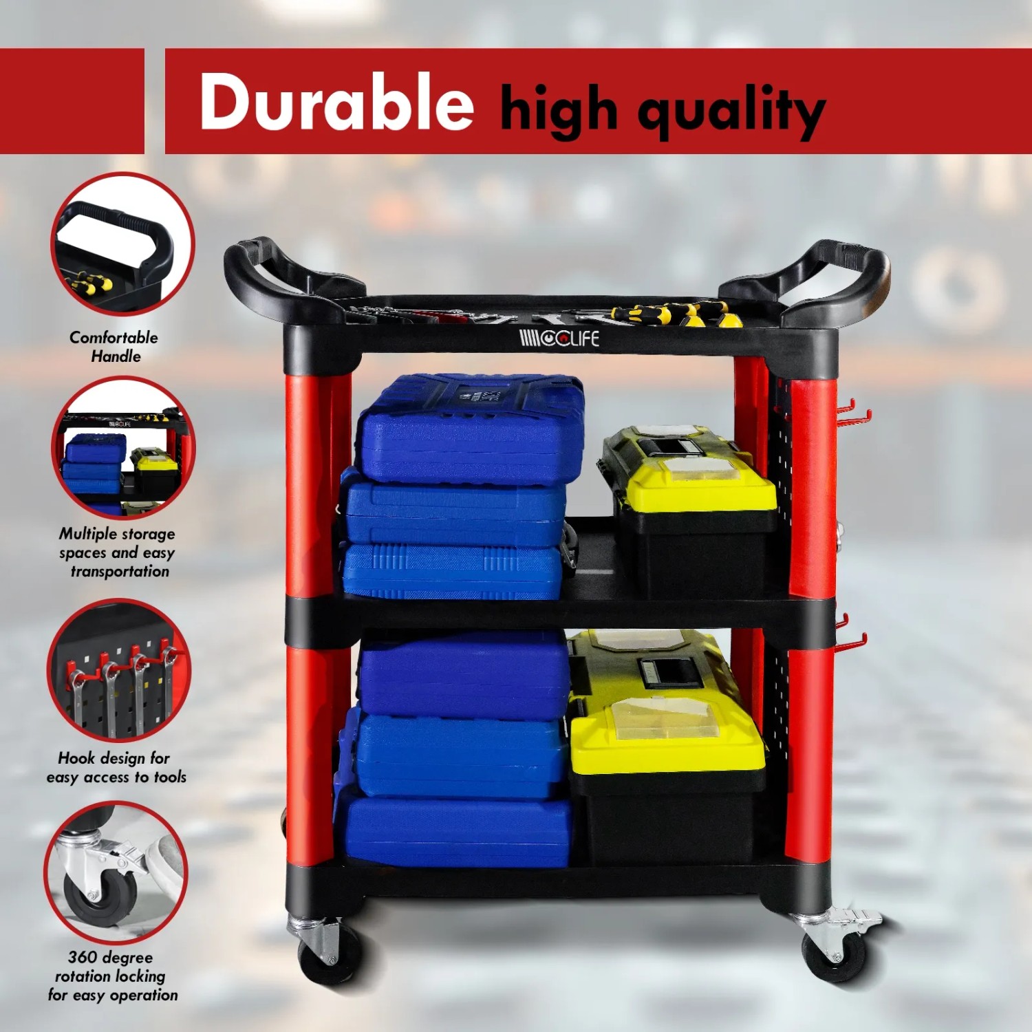 Bestückter Werkstattwagen mit 3 Etagen, Werkzeugtafeln und Haken. Tragkraft 150 kg.