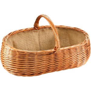 Ovaler Kaminholzkorb aus Weide mit Jutefutter und Tragegriff.