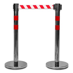 UvV BounceLine Personenleitsystem aus Edelstahl mit rot-weißem Gurt, 90 cm hoch.