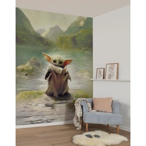 Komar Vlies Fototapete Star Wars Mandalorian Grogu Landschaft in Grün.