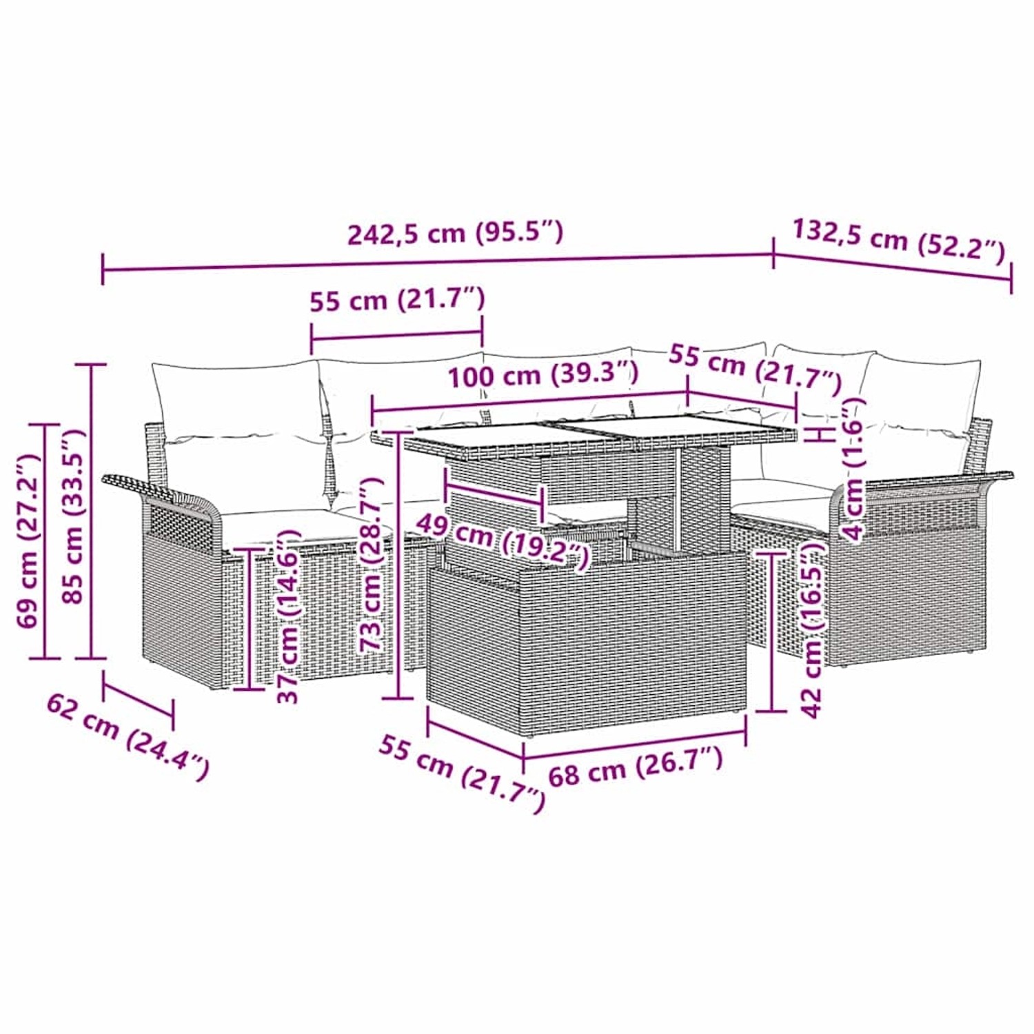 Braunes 6-teiliges vidaXL Garten-Sofa-Set mit Kissen und Tisch aus Polyrattan.