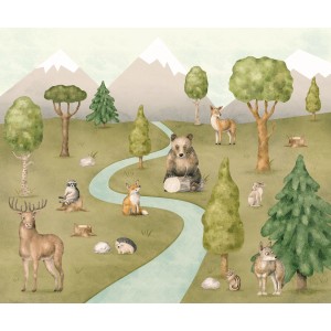 Fototapete Waldtiere grün, 3x2,5m: Kinderzimmer Tapete mit Bär, Fuchs, Reh und Bäumen.