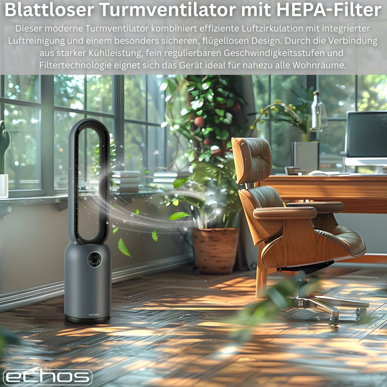 Echos Turmventilator Eco-1220 mit HEPA Filter, Timer und Fernbedienung im Wohnraum.