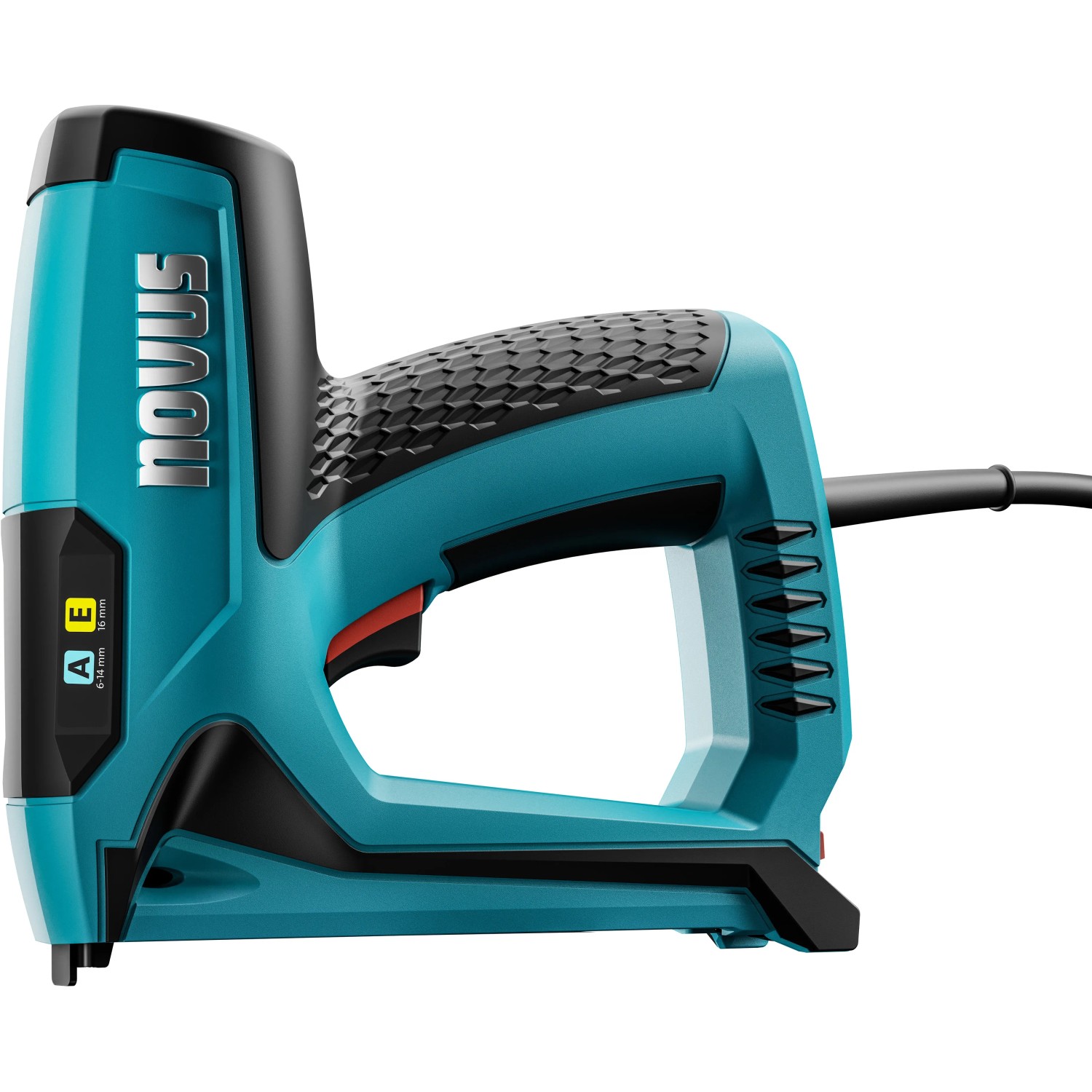 Novus Elektrotacker J-120 in Türkis und Schwarz, ideal für Stoffe und Gewebe.