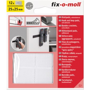 Fix-o-moll Klettpads, 12er Set, selbstklebend, 25x25mm, ideal zum Befestigen leichter Gegenstände.