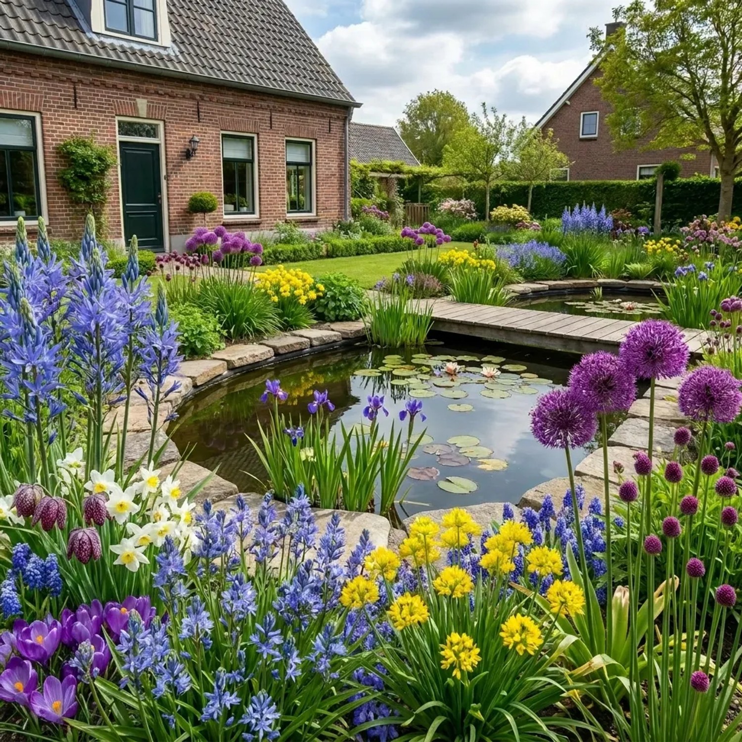 Vdvelde Aqua Bulbs Blumenzwiebeln: Blühender Teichrand mit blauen, lila, gelben Blumen und Seerosen. Insektenfreundlich.