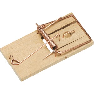 Mausefalle aus Buchenholz mit Drahtbügel und Feder.