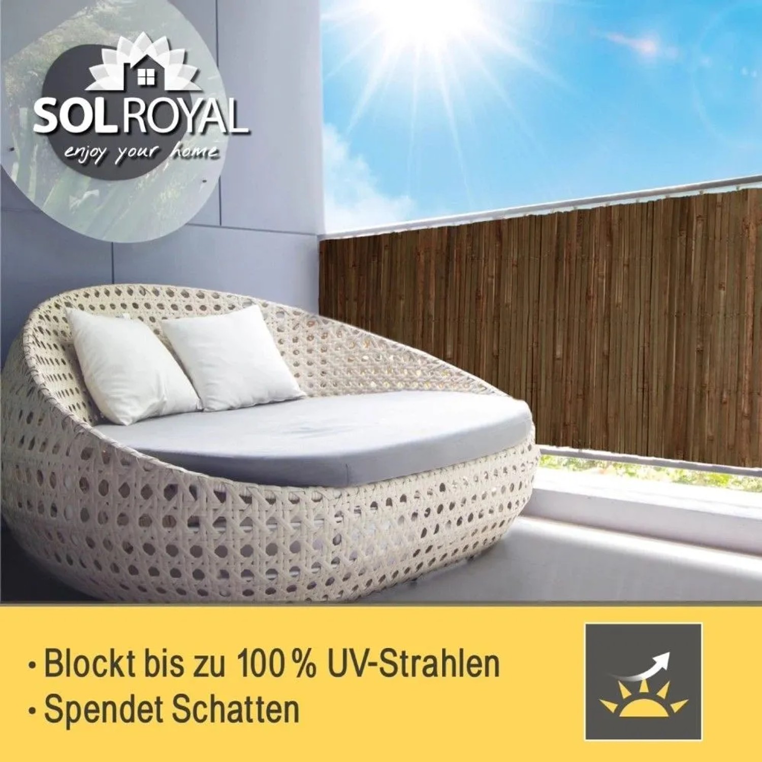 Brauner Sol Royal SolVision B55 Bambus Sichtschutzzaun auf Balkon, schützt vor Blicken und Sonne. Stabil, witterungsbeständig.