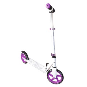 Muuwmi Tretroller, weiß-lila, mit 200 mm Rollen und höhenverstellbarem Lenker.