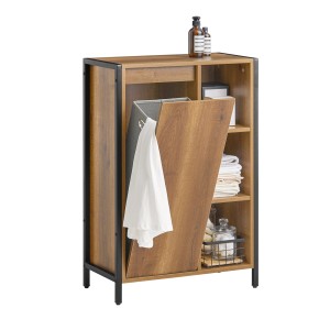 SoBuy Wäscheschrank BZR65-PF, braunes Holz mit Metallelementen und ausklappbarem Wäschesack.