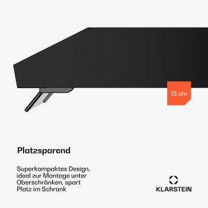 Kompakte Klarstein Dunstabzugshaube Purista Force, schwarzes Design, 13 cm Höhe.