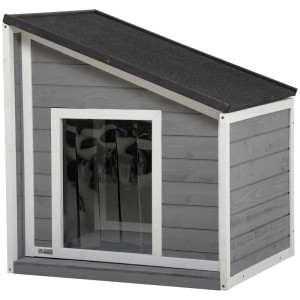 PawHut Hundehütte grau mit schrägem, schwarzem Asphaltdach und weißem Rahmen. Tür mit Lamellen, Dach zum Öffnen.