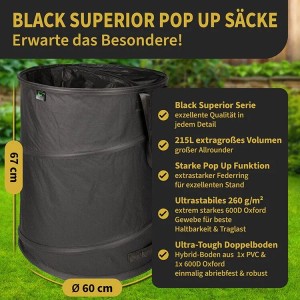 TTL GARDEN Pop Up Laubsack BLACK SUPERIOR 215 L 1er Set – Gartensack Schwarz 260 g/qm Selbststehend