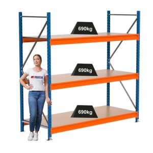 PROREGAL Industrie Weitspannregal Lagerregal MAXIMUS PRO Grundregal HxBxT 200x200x80cm 3 Spanplatten-Fachboden Fachlast 690kg Blau/Orange