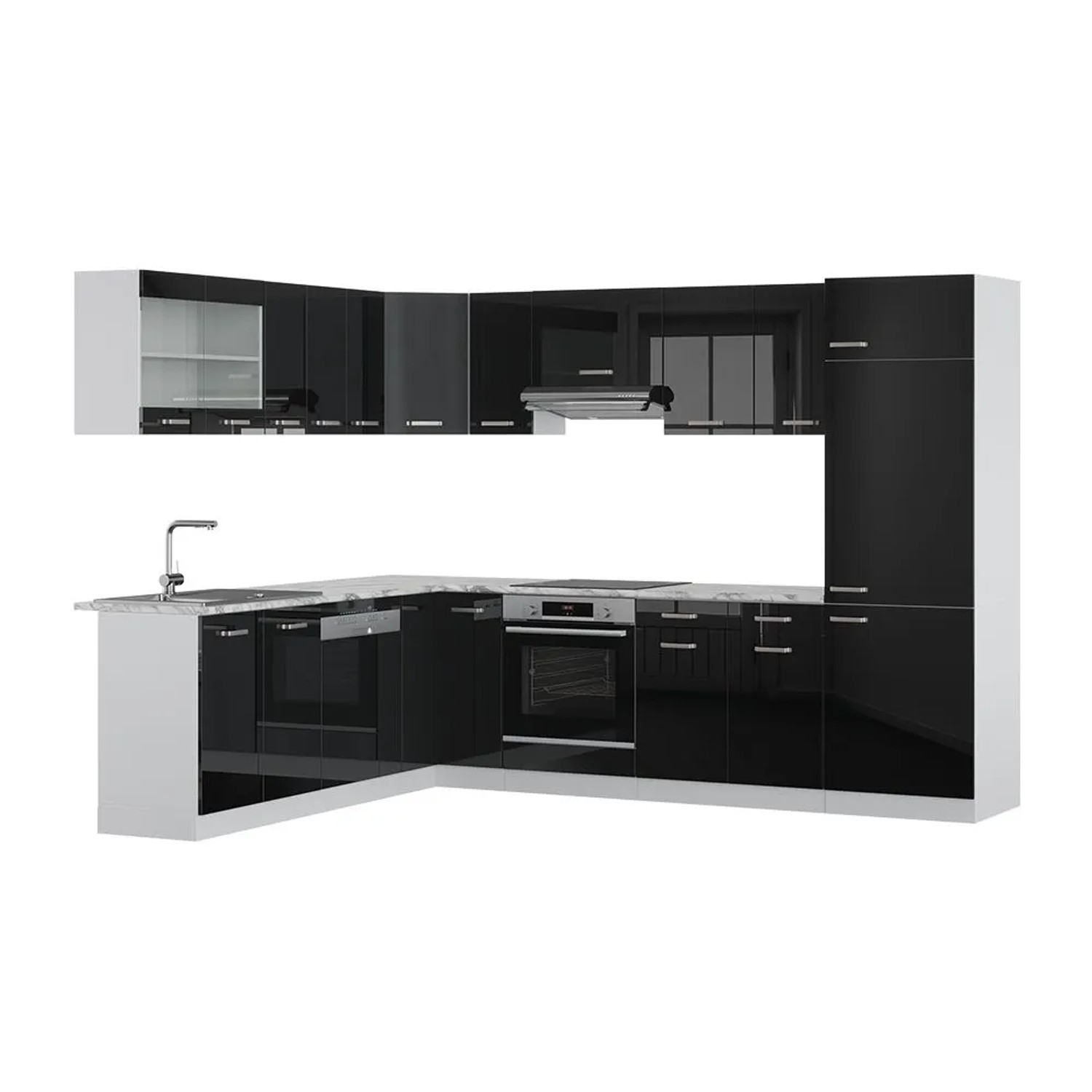 Vicco Eckküche R-Line Schwarz Hochglanz/Weiß 287 x 82 ohne Arbeitsplatte