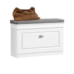 Weißer Schuhkipper mit grauem Sitzkissen und Klappe. Moderne Schuhbank aus weiß lackiertem MDF für den Flur.