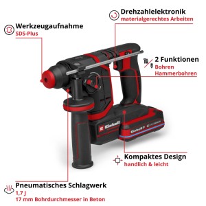 Einhell Akku-Bohrhammer TP-HD 18/17-C Li BL+5 in Schwarz-Rot mit SDS-Plus für Bohren & Hammerbohren.