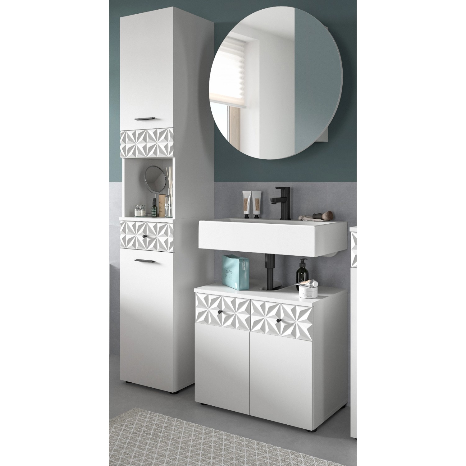 Inn.Furn Badmöbel Set in Weiß Hochglanz 3-teilig 120 cm Relief günstig online kaufen