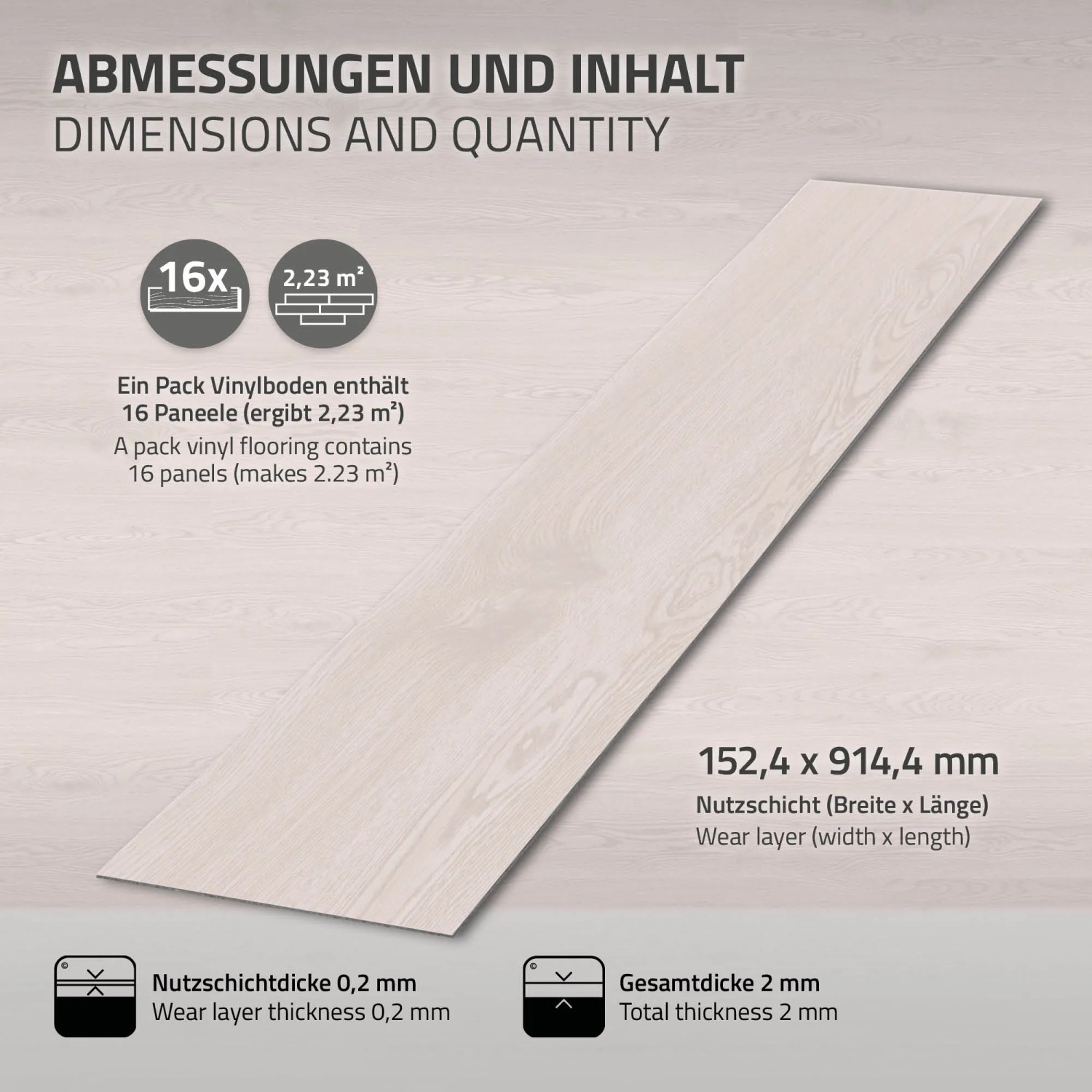 ML-Design Vinylboden Weiß Eiche, selbstklebend, 16 Dielen. Detailansicht der Maße und Inhaltsangabe.