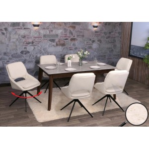 6er-Set Esszimmerstühle Creme mit Bouclé-Bezug, drehbar und mit Stativgestell.