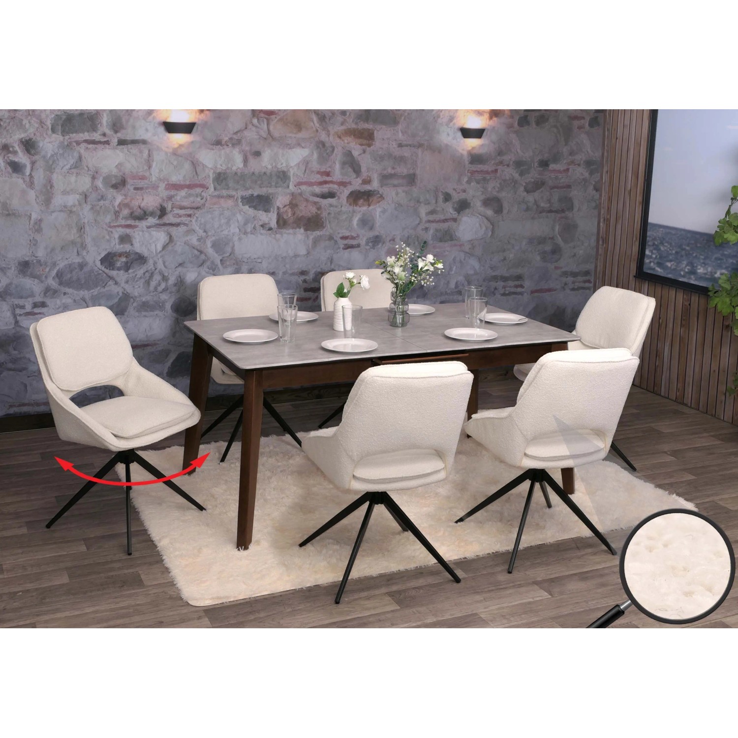 6er-Set Esszimmerstühle Creme mit Bouclé-Bezug, drehbar und mit Stativgestell.