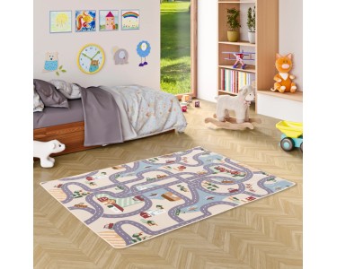 Teppich-Traum Children's Room Rug Children's Room Rug Washable Non-Slip Play Rug Safari Streets Car Animals Non-Slip Grey 140 x 200 cm