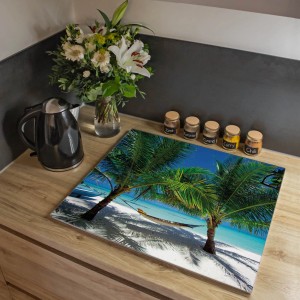 Banjado Herdabdeckplatte Glas mit Strandmotiv, 60x52cm. Schneidebrett und Ceranfeldabdeckung in einem.