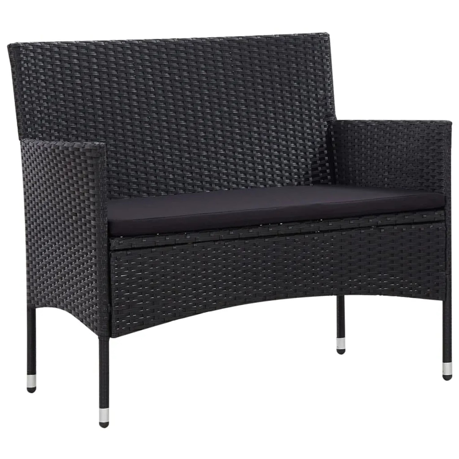 Schwarze 2-Sitzer Gartenbank aus Rattan mit Sitzkissen, Teil des vidaXL Lounge-Sets.