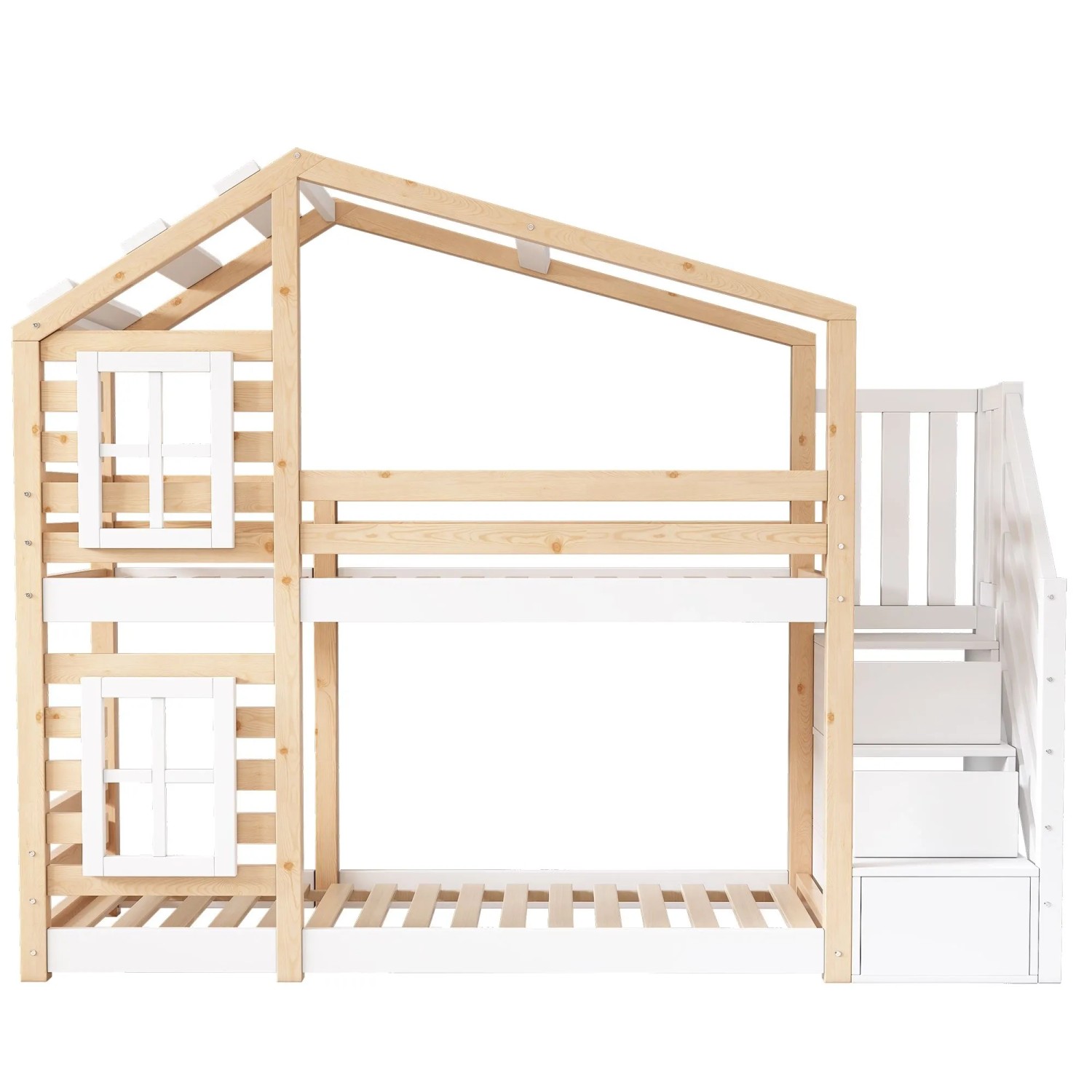 okwish Etagenbett 90x200cm mit Stauraum Rausfallschutz Kinderzimmer Natur Weiß ohne Matratze