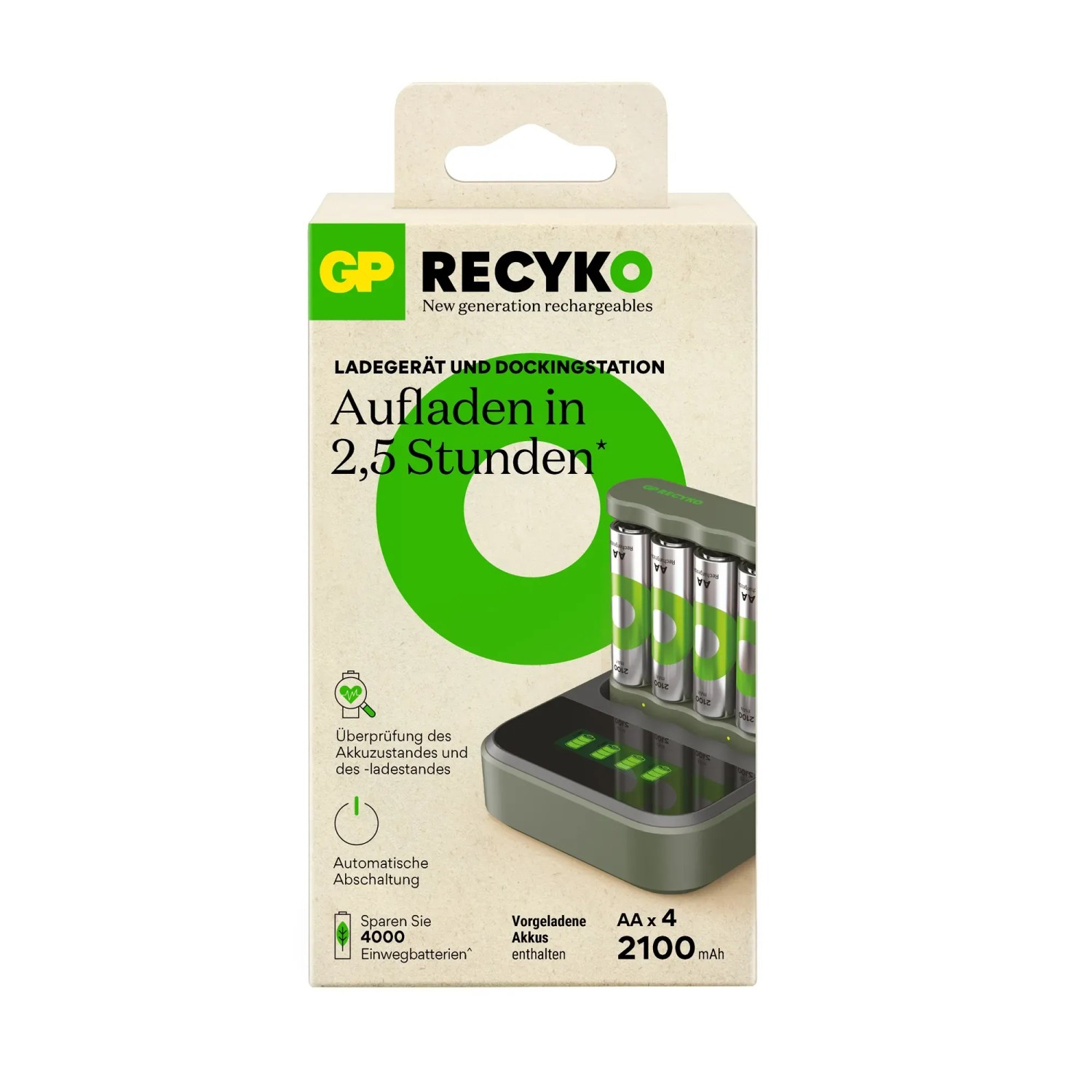 GP Akku-Ladegerät B441 mit 4 AA 2100 mAh Akkus. Ladestation für AA/AAA Batterien.