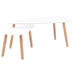 Weißes 2-tlg. Couchtisch-Set mit organisch geformten MDF-Platten und hellen Kiefernholzbeinen im skandinavischen Stil.