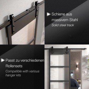 Schwarze SOTECH Laufschiene aus Stahl für Schiebetüren, 2m, an Wand montiert. Zubehör für Türen.