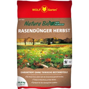 Sack Wolf-Garten Rasendünger Natura Bio Herbst, 10,8 kg, für einen widerstandsfähigen Rasen im Winter.