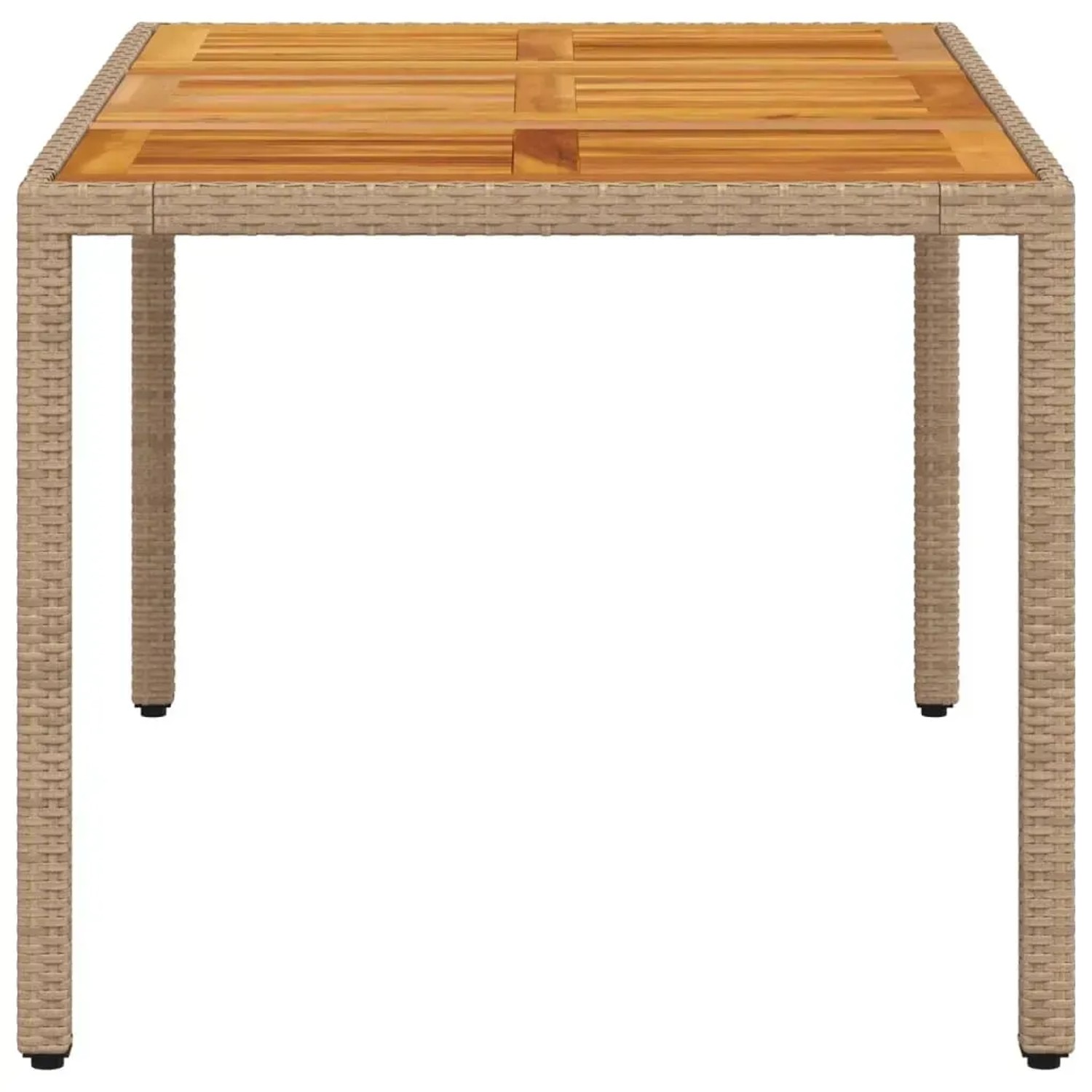 Beiger Gartentisch 150x90 cm aus Poly Rattan mit Akazienholz-Tischplatte für Garten und Terrasse.