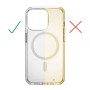 Transparente Hama Handyhülle für iPhone 13, zeigt Anti-Vergilbungsschutz. Links klar, rechts vergilbt. Mit MagSafe-Ring.