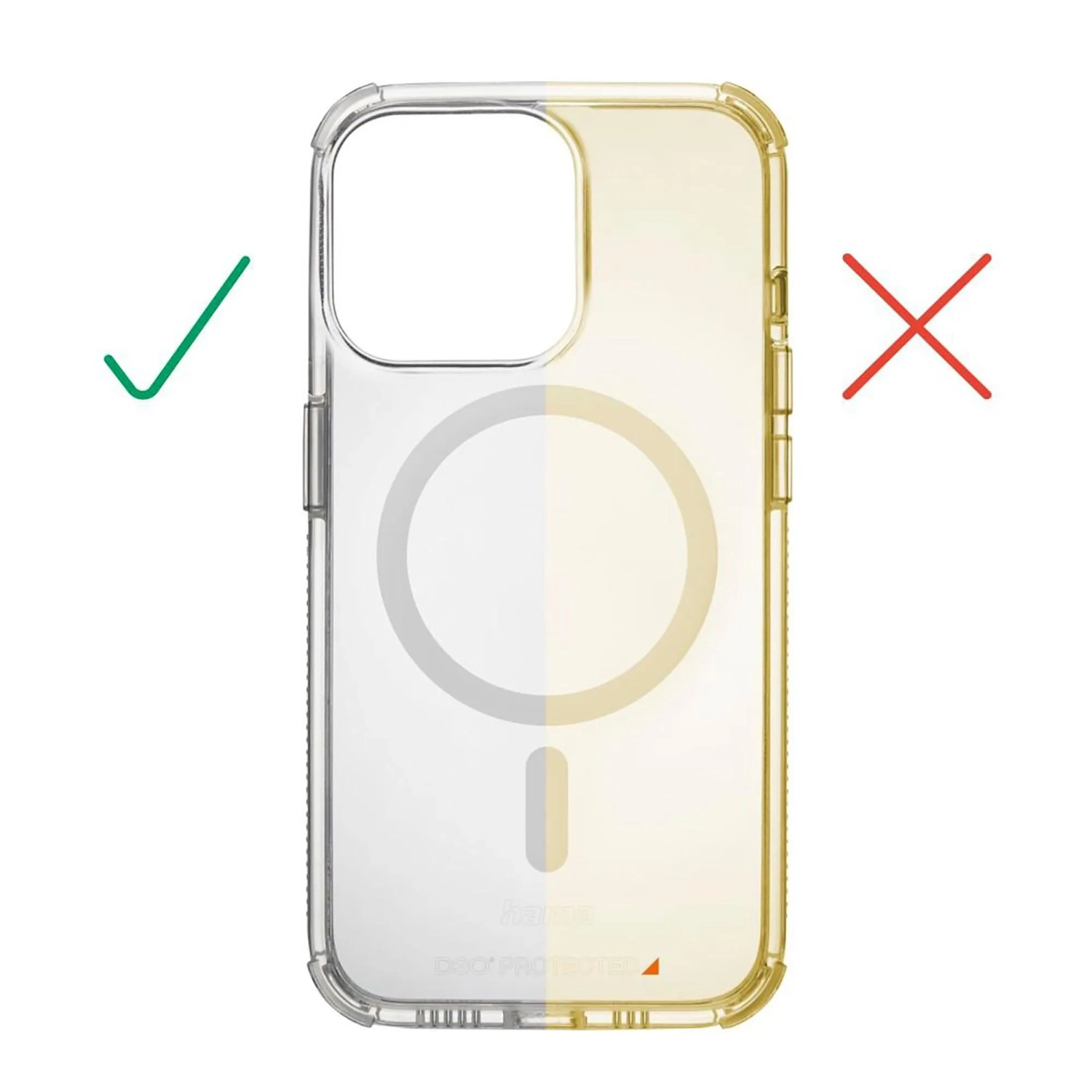 Transparente Hama Handyhülle für iPhone 13, zeigt Anti-Vergilbungsschutz. Links klar, rechts vergilbt. Mit MagSafe-Ring.