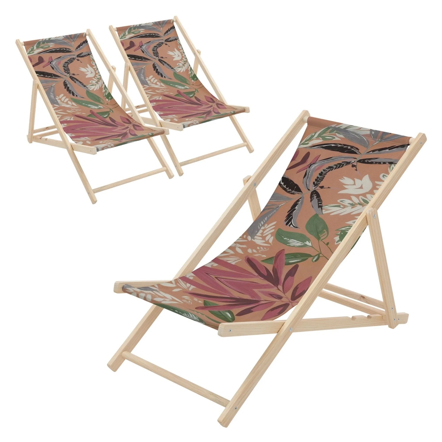 ECD Germany Liegestuhl 3Er Set Klappbar Floral Braun-Rot-Grün aus Holz
