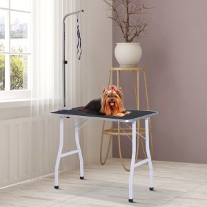 PawHut Hunde-Pflegetisch mit Schlinge und Galgen, höhenverstellbar, mit Yorkshire Terrier.