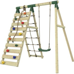 Rebo Klettergerüst Chamäleon mit Schaukel, Kletterwand und Netz in Dunkelgrün.