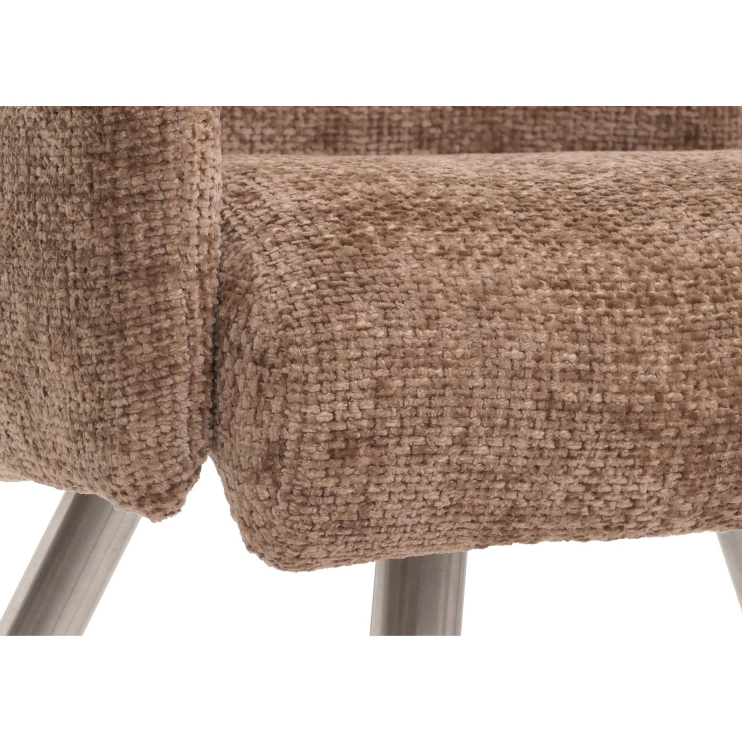 Detailaufnahme: Brauner MCW Esszimmerstuhl G55 mit Chenille-Bezug und Armlehne, 6er-Set.