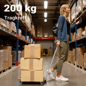 Wiltec Transportroller mit Kartons, gezogen von Frau in Lagerhalle. Möbelroller mit 200 kg Tragkraft für Umzug.