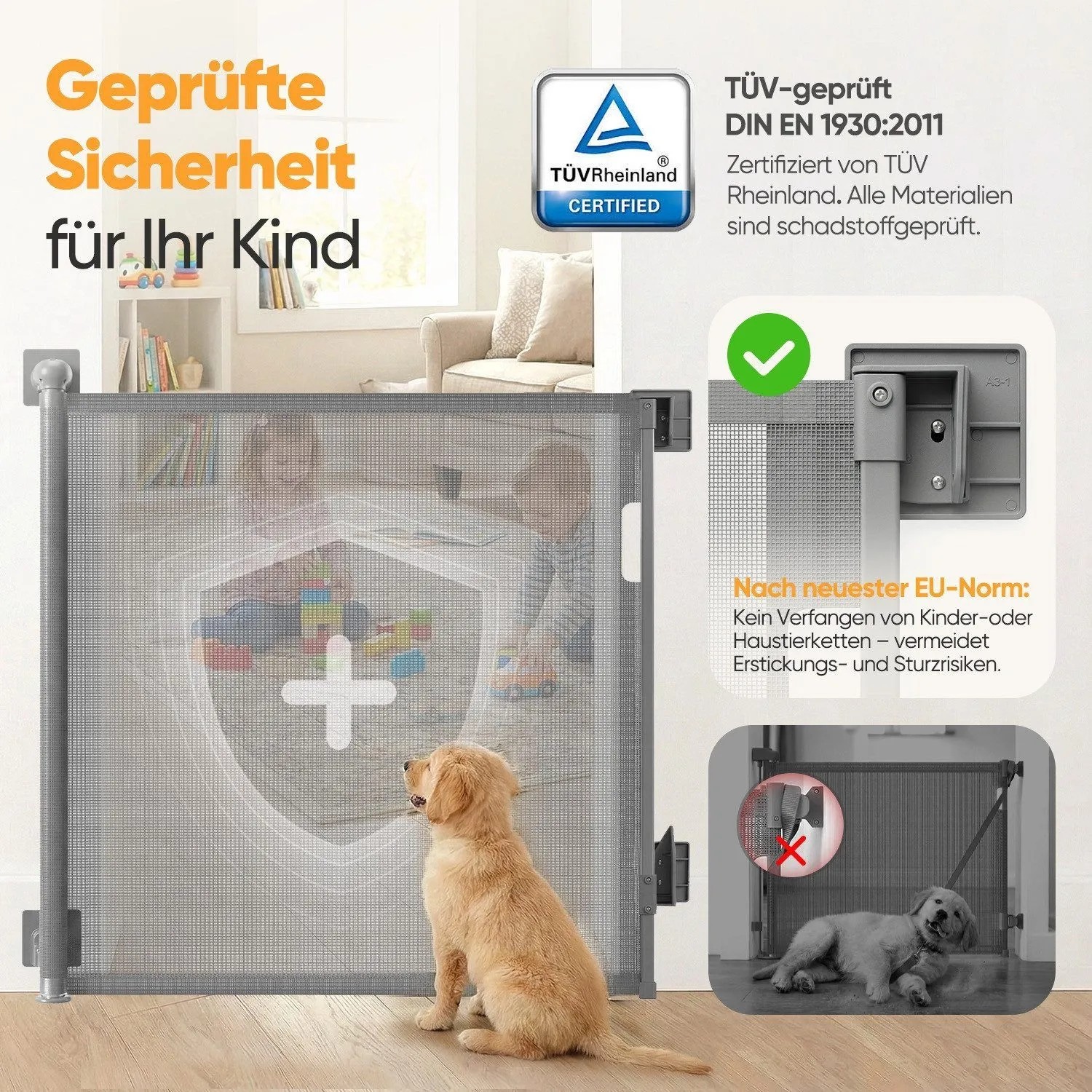 Graues, ausziehbares Sekey Treppenschutzgitter für Kinder und Hunde. TÜV-geprüft, ohne Bohren, 0-200 cm breit.