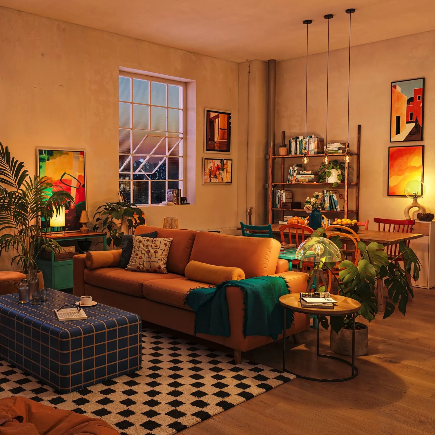 Philips Smart-LED-Leuchtmittel E27 Tropfenform in warmweißem Licht. Schafft gemütliche Vintage-Stimmung im Wohnzimmer mit individuellen Lichtszenen.
